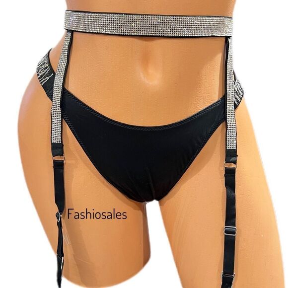 Victorias Secret Rhinestones Shine strap garter belt & panty set black zebra S - Picture 3 of 5